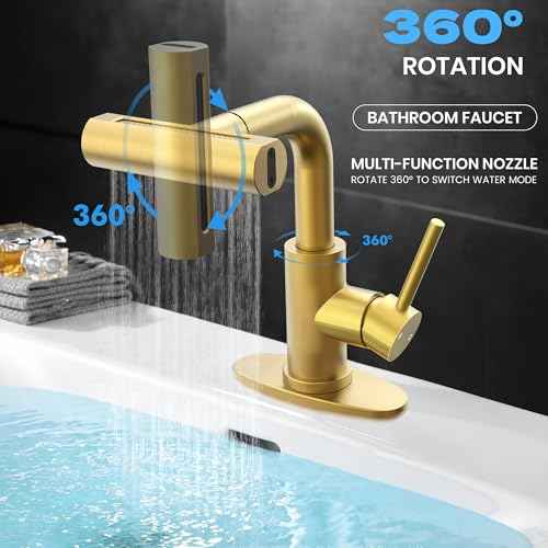 Gold Bathroom Faucet with Sprayer - Brushed Gold Bathroom Faucets for Sink 1 Hole or 3 Holes, 4 Mode Single Handle Vanity Faucet Waterfall Bathroom Faucet with Pull Down Sprayer (No Drain)