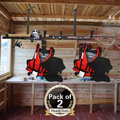 2 Set Overhead Garage Storage Rack, Heavy Duty Overhead Storage Double Hook, Ceiling Mount Hanger Safe Racks Hooks, Hanging for Lumber Ladder Storage & Other Bulky Items (Pack of 2 - Black)