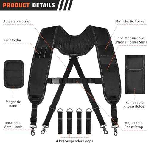 Tool Belt Suspenders, Tool Bag Suspenders, Work Belt Suspender with Magnetic Wristband and Loop Attachment, Padded Construction Suspender for Carpenter, Electrician, Framer, Black