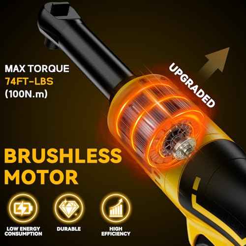3/8" Extended Cordless Ratchet Wrench for De-Walt 20V Battery, 74Ft-Lbs Brushless Motor Electric Ratchet with 320RPM Variable Speed, 8 Sockets, 3/8" to 1/4" Adapter, 6" Extension Bar (Tool Only)