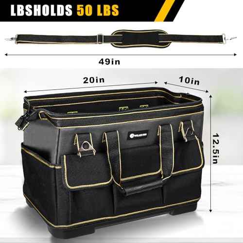 20 in Tool Bag For Men with Waterproof Molded Base, High Capacity Wide Mouth Tote, Construction Worker Electricians Tool Bags, Large Tool Bag Organizer for Men Women (Grey)