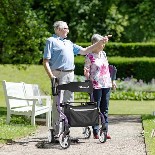 Super Lightweight Rollator Walker for Seniors, Foldable Rolling Walker with Seat and 8" Rubber Wheels for All Terrain, Upgraded Height Adjustment Button with Cup Holder, Purple