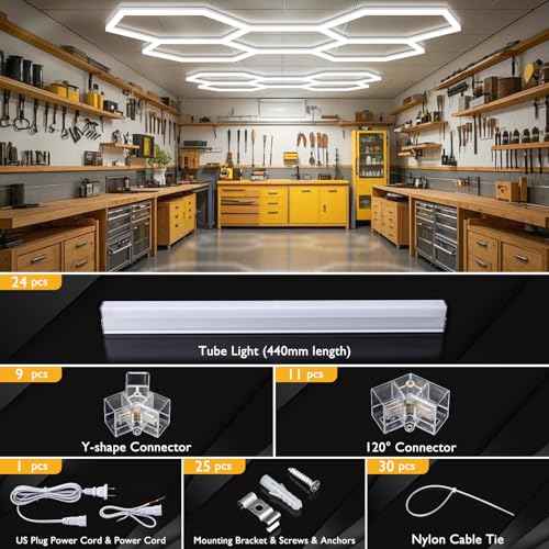 BRILLIHOOD Hexagon Garage Lights, LED Honeycomb Lights Ceiling, 192W, 23040LM, 6500K Super Bright, 5 Grid Systems Car Detailing Light for Garage Warehouse Workshop Basement Gym