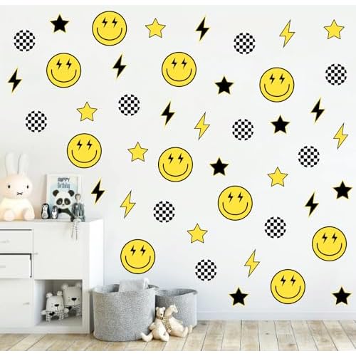 Whaline 12 Sheets One Happy Dude Wall Stickers Black Yellow Smile Face Lightning Star Checkered Dot Wall Decals Preppy Room Mural Stickers for Party Home, 7.9 x 11.8 Inch