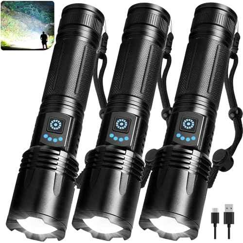 3 Pack Rechargeable Flashlights High Lumens, 99,000 Lumens Super Bright LED Flashlight for Home Camping, Handheld Flash Light Waterproof Flashlight with 5 Modes & Adjustable Function