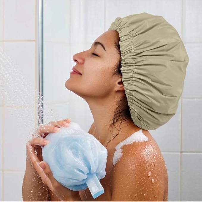 Reusable Shower Cap for Women, Large Waterproof Shower Bonnet with Elastic Band, Washable Bath Hair Cap for Long, Curly Hair, Braids, Daily Shower, Home Spa, Travel(Gray Yellow)