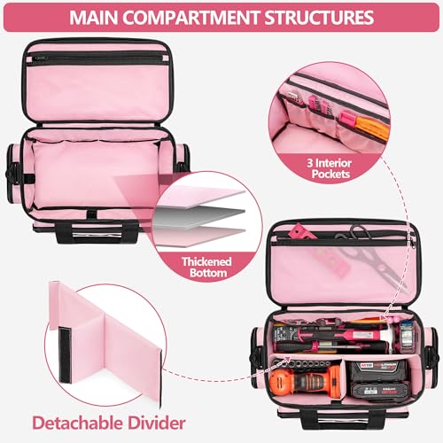 Tool Tote Bag for Women, Tool Storage Organizer with Anti-friction Bottom, Tactical Range Bag for Electrician, Carpenters, Repairman, Pink