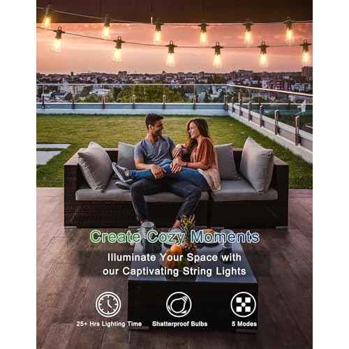 Solar String Lights Outdoor Waterproof 50FT with USB Port and 27 Shatterproof ST38 Bulbs(2 Spare), LED Solar Powered Patio Lights for Outside, Porch, Backyard, Bistro, Garden, Market - 2200K