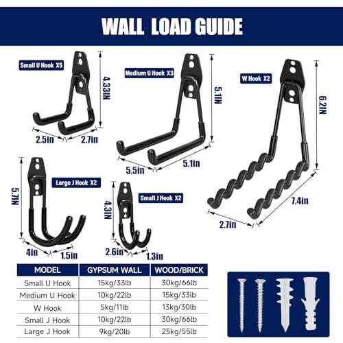 17 Pack Garage Hooks, Garage Wall Hooks with 3 Extension Cord Straps, Garage Heavy Duty Wall Mount Utility Hooks for Hanging Ladders, Garden Tools, Bikes, Hoses, Bulky Items