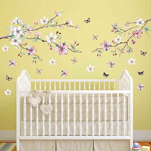 AM AMAONM Removable 3D Ink Style Brown Tree Branches and Pink WhiteFlower Wall Decals Plum Blossom Flowers and Butterfly Wall Sticker Peel and Stick Wall Decor for Home Walls Living Room Kids Baby