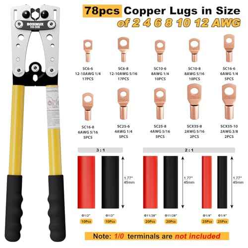 Battery Cable Lug Crimping Tool for AWG 10-1/0, Electrical Lug Crimper with 78pcs Copper Wire Lugs and 110pcs 3:1 Adhesive Heat Shrink Tubing, Wire Crimping Tool for Battery Cables