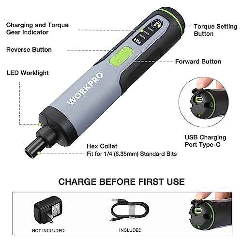 WORKPRO 4V Electric Screwdriver, Rechargeable Cordless Screwdriver Set with 35 Bits, Extension Rod, USB Charging Cable in Carrying Case, LED Light, Black Gray