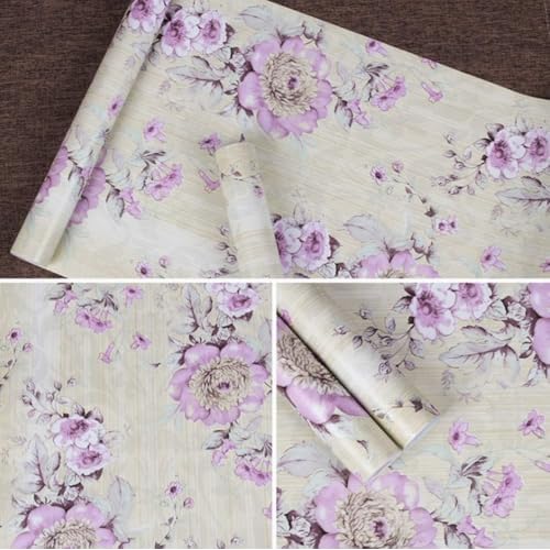 Retro Style Blooming Purple Flower Wallpaper Peel Stick Shelf Liner Funitures Dresser Drawer Cabinet Paper Decor 17.7 Inch by 100 Inch