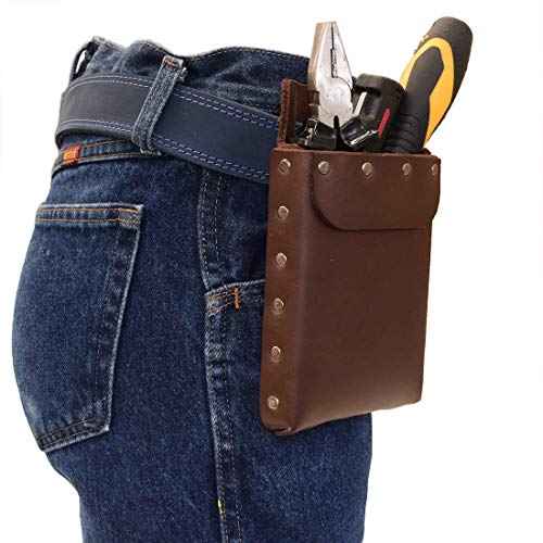 Hide & Drink, Riveted Squared Tool Pouch for Waist Belt, Heavy Duty Case, Rustic Tool Organizer, Full Grain Leather, Handmade, Bourbon Brown