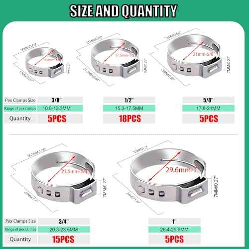 Twidec/48PCS 3/8",1/2",3/4",5/8",1" PEX Cinch Clamps Kit 5 size,Stainless Steel Pex Crimp Rings,Single Ear Hose Clamps For Pex Pipe Fitting Connections N-058-48PCS