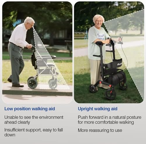Lightweight Upright Rollator Walker All-Terrain Foldable with seat and Adjustable Height backrest, 300 lbs Capacity, 10" Front & 8" Rear Wheels for Seniors, Adults, bariatric, Includes Cane Holders