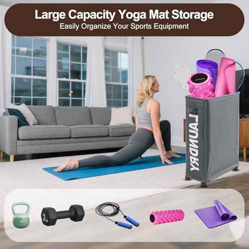 Yoga Mat Storage Rack, Home Gym Corner Storage Organizer with Wheels, Workout Equipment Holder with Side Pocket for Men & Women Gray & Begie