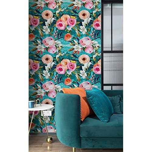 HAOKHOME Floral Peel and Stick Wallpaper Teal Green/Pink Removable Textured for Bedroom Nursery Decorations 17.7in x 6.5ft