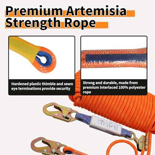 Fall Protection Safety Rope 25ft Heavy Duty Vertical Roofing Grab Snap Hook Shock Absorber Fall Protection Line Kit Restraint System Roofing Safety Equipment(25FT)