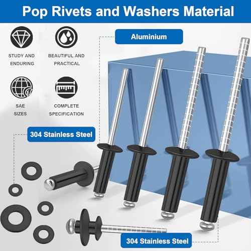 smseace 1280Pcs Stainless Steel Black Rivets with Pop Rivets with Washer 1/8Inch 5/32Inch 3/16Inch for Metal,Furniture,Automotive,Instrument