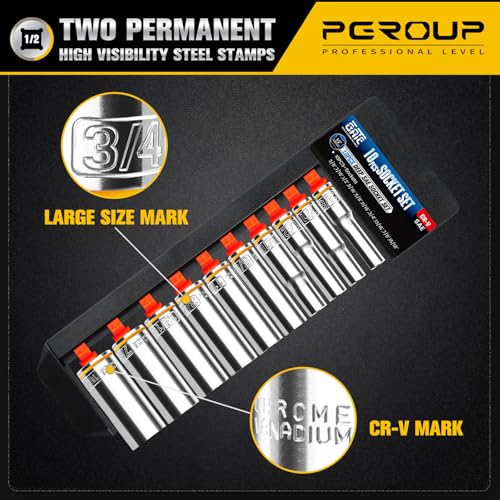 10PCS 1/2¡± Drive Deep Socket Set, SAE (3/8"-15/16"), 6-Point, Cr-V Steel, Chrome Plated Socket With Hanging Bracket, Cover Most Commonly Sizes