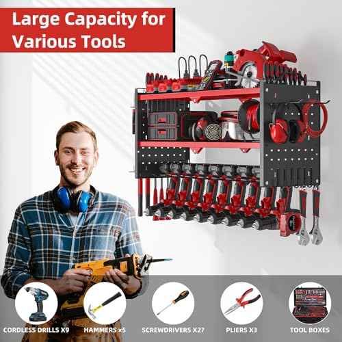 Power Tool Organizer Wall Mount with 9 Drill Holder, Cordless Tool Organizer and Storage Rack, Garage Heavy Duty Metal Shelf Organization for Battery, Tool Box, Hammer, Screwdriver£¨Red£©