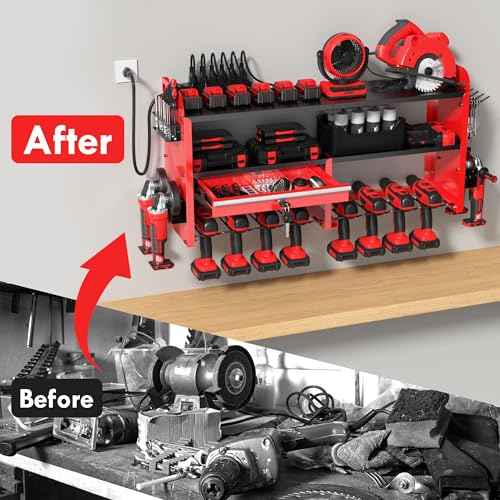 KSVO Power Tool Organizer Wall Mount with Drill Rack, Grinder Holder, Hammer & Pliers Rack, Locking Drawers, 6-Outlet Charging Shelf ? Heavy Duty Metal Tool Storage for Garage, Workshop (Red)