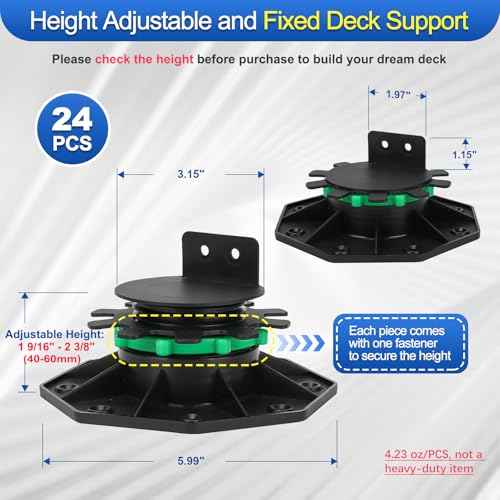 24Pack Upgraded Adjustable Deck Support Pedestal Paver Raising from 1-9/16" to 2-3/8", with Fastener Ring for Maximum Stability, Deck Foundation Base Support Flooring Joist Supports, Black