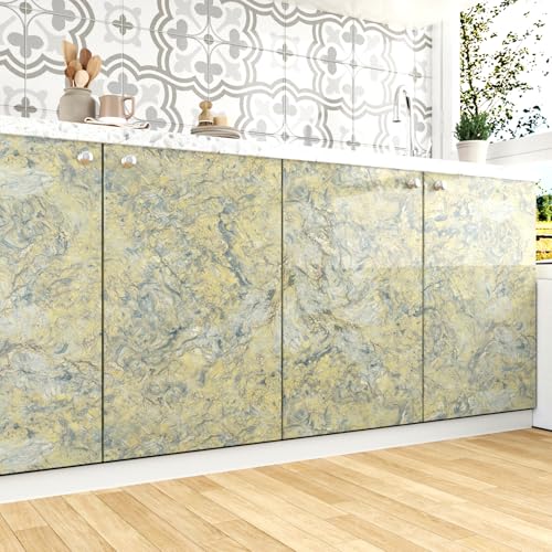 WESTICK Glossy Gold Marble Contact Paper for Countertops 15.8"x80" Yellow Marble Vinyl Wallpaper Peel and Stick Waterproof Granite Countertop Contact Paper for Tables Dresser Bathroom Sink Cabinets