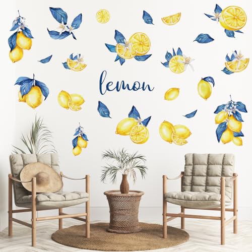 Whaline 12 Sheets Capri Lemon Wall Stickers Blue Yellow Fruit Wall Decals Watercolor Room Mural Stickers for Summer Party Home Nursery, 7.9 x 11.8 Inch