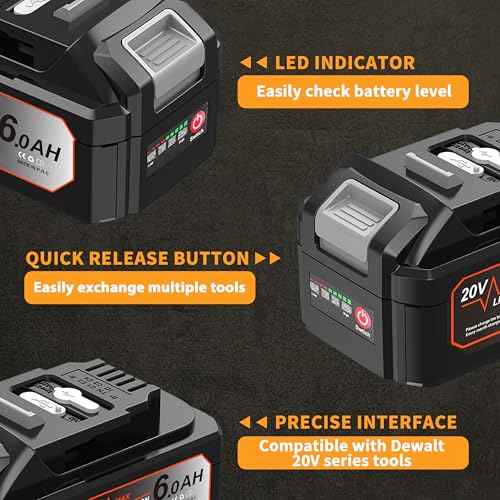 ASPRO 2Pack 6AH Capacity Replacement for Dewalt 20V Max Battery, Compatible with 20 Volt Dewalt Batteries DCB207 DCB204 DCB201 DCB200 Series Power Tools