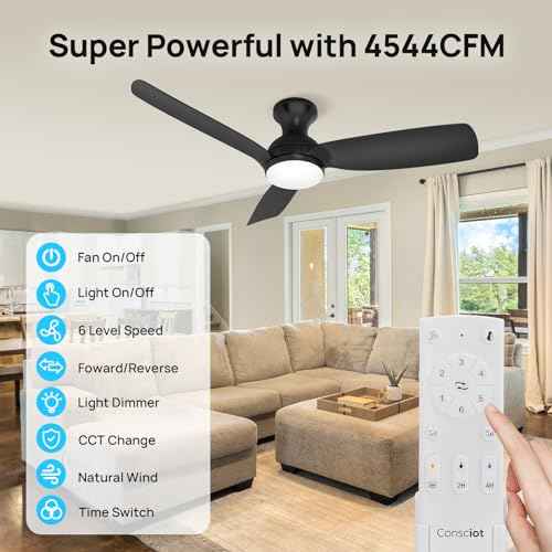 Consciot Ceiling Fan With Light, 44 Inch Low Profile Ceiling Fan with remote control, 6-speed choice, Reversible DC motor, 3CCT, Dimmable, Whisper, Easy Install, For Indoor and Covered Outdoor (black)