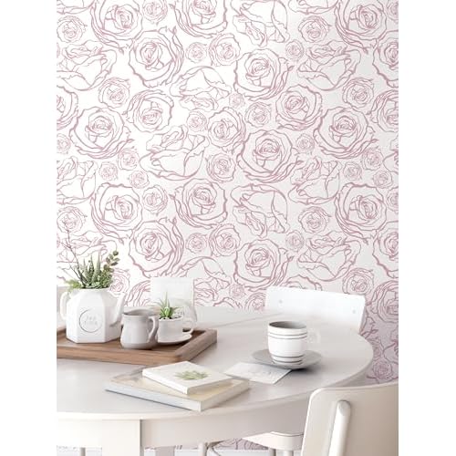 Safiyya 118'' ¡¿ 17.3'' Pink Floral Wallpaper Peel and Stick Pink and White Rose Contact Paper Removable Wall Paper Boho Wallpaper for Bedroom
