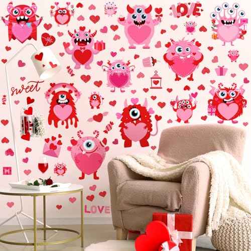 Haull 89 Pcs Valentine's Day Wall Decals Monster Stickers Valentines Day Window Clings Valentine Heart Wall Decoration for Wedding Anniversary Living Room Bedroom Decoration, 6 Sheets