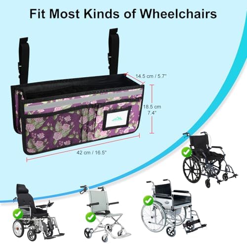 supregear Wheelchair Basket for Back, Large Capacity Wheelchair Backpack Organizer Bag with Multiple Pockets and Cup Holder, Waterproof Storage Pouch for Seniors, Floral Purple