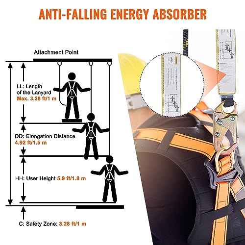 VEVOR Vertical Lifeline Assembly, 0.55'' x 25' Fall Protection Rope with 30 KN Breaking Tension, Polyester Roofing Rope with Steel Snap Hooks, Rope Grab, and Shock Absorber, ANSI Compliant