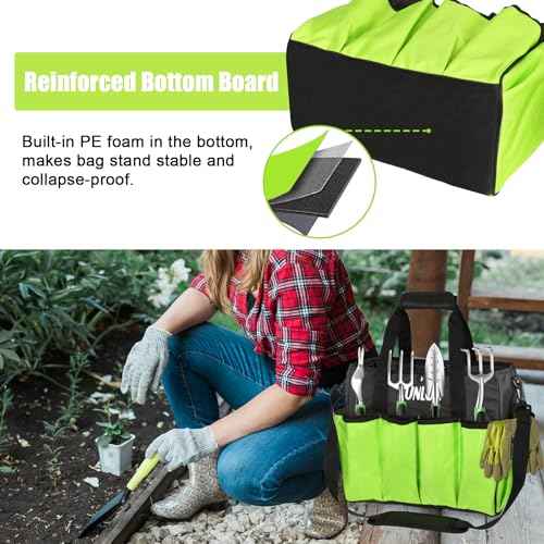 KUNLUN Gardening Tote Bag, Garden Tool Bag with 14 Pockets & Elastic Belt, Heavy Duty Standable Garden Tote Storage Bag with Long Adjustable Shoulder Strap for Indoor and Outdoor Use