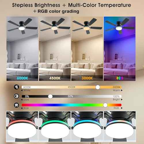 Ceiling Fans with Lights, 48 inch Low Profile Ceiling Fan with Light and Remote Control, Flush Mount RGB Dimmable Light, Noiseless, Black Ceiling Fan for Bedroom Indoor/Outdoor Use