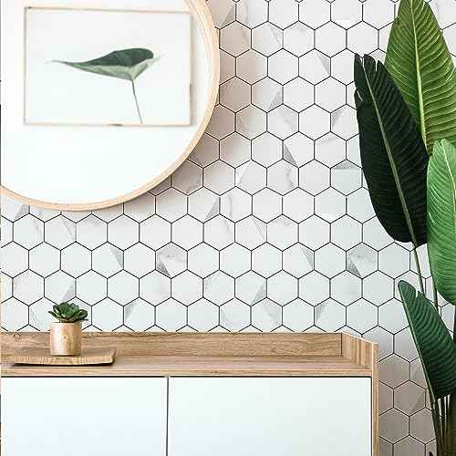 Hexagon Peel and Stick Backsplash Tile,12x12 inches Marble White Mixed Silver Metal 3D PVC Wall Tiles Stick on Backsplash for Kitchen and Bathroom Sample