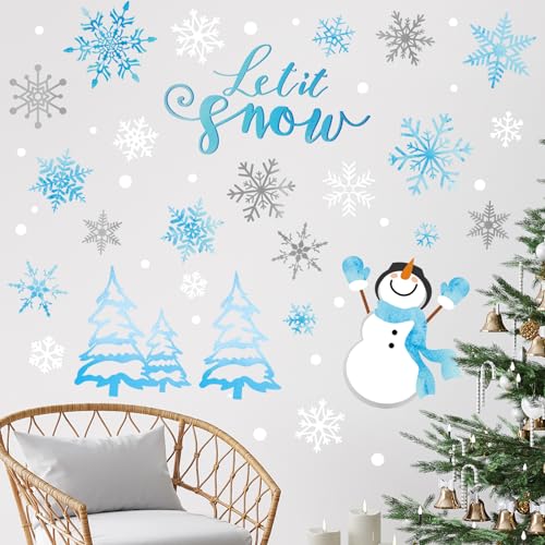 Winter Snowflake Snowman Wall Stickers Christmas Window Decals Small Room Mural Stickers for Party Home Bedroom Kitchen Decor, 7.9 x 11.8 Inch, 9 Sheets