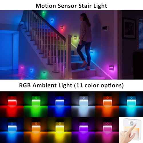 16 Pack Rechargeable Motion Sensor Stair Light for Indoor, RGBW Battery Operated Closet Lights, Stick On Night Lamp, Motion Activated Magnetic Lighting Lamps for Step,Cabinet,Hallway,Bathroom