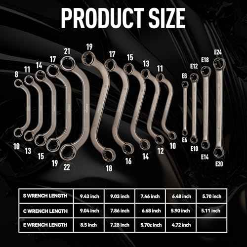 DISEN 14-Piece Half Moon&S-Style & E-Torx Wrench Set, CR-V, Wrench 5-Piece Half Moon Box Set Metric 8mm to 22mm,4-Piece E-Torx E6-E24,5-Piece S-Style Box 10-19mm,12 Point, EVA Foam Tool Organizer