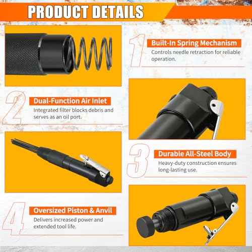 Compact Air Needle Scaler, 1/4" Air Powered Rust Paint Weld Remover Cleaner, 90psi Needle Scaler for Removing Lag Rust Paint and Dirt