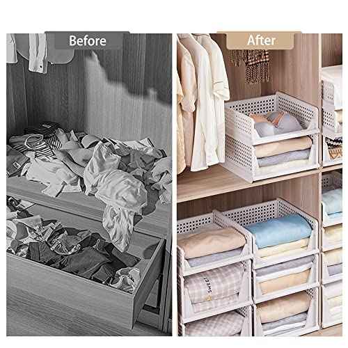 Stackable Plastic Storage Basket-Foldable Closet Organizers and Storage Bins - Drawer Shelf Storage Container for Wardrobe Cupboard Kitchen Bathroom Office (White Small-4 Pack)