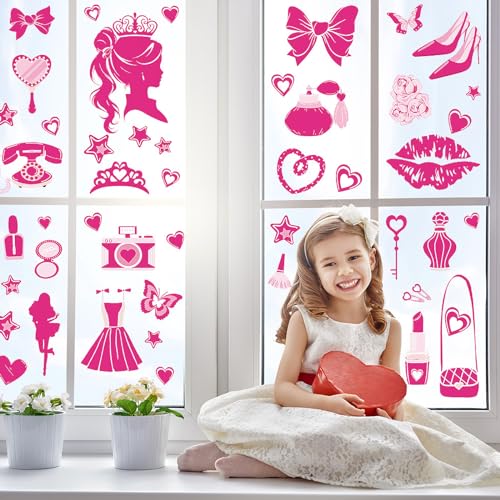 64PCS Pink Princess Stickers - Bedroom Wall Sticker Heart Shape Decoration Large Sticker Star Shape Sticker Gorgeous Girl Sticker for Wall Decor Fridge Decor Student Prize