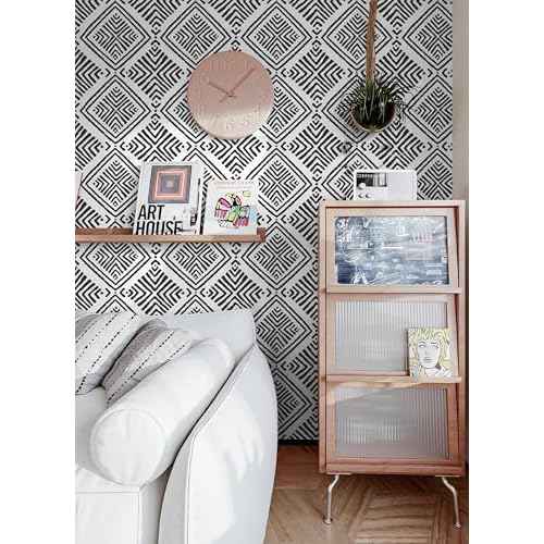 Black and White Peel and Stick Wallpaper Boho Geometric Contact Paper for Cabinets Modern Self Adhesive Removable Wallpaper Kitchen Bathroom Waterproof Black White Contact Paper 78.7inL 17.3inW
