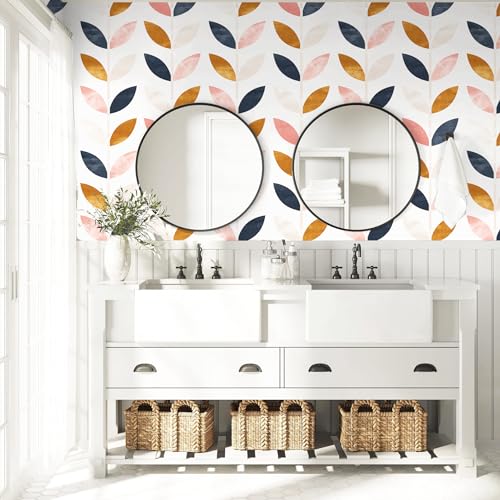 HAOKHOME Peel and Stick Wallpaper Boho Removable White/Tan/Navy Vinyl Self Adhesive Nursery Wallpaper for Girls Bedroom Decor 17.7in x 118in
