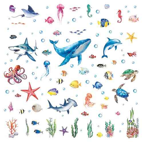 110PCS DIY Marine Animal Stickers, PVC Wall Decals for Home & Commercial Spaces - Whale, Turtle, Octopus, Dolphin, Coral Designs, Multi-Surface Adhesive Art for Kids & Adults