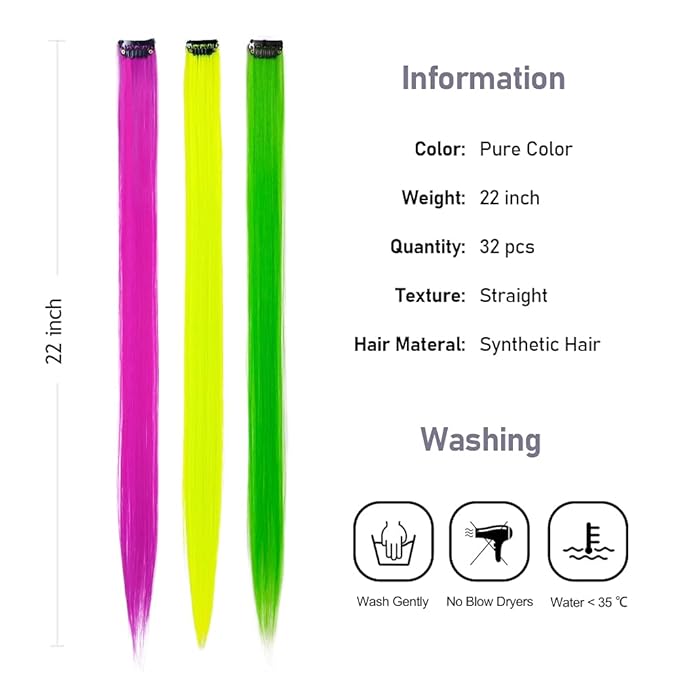 32Packs Colored Hair Extensions 20Inch Straight Color Clip in on Hair Extension Rainbow Party Highlights Synthetic Hairpiece(16 colors)