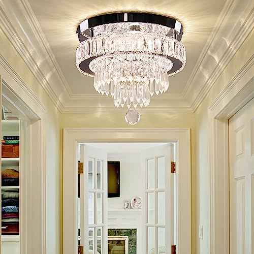 Finktonglan 11.8" Dimmable LED Modern Crystal Ceiling Light, Flush Mount Chandelier with 3 Light Colors, Remote Control for Bedrooms, Living Room, Hallway